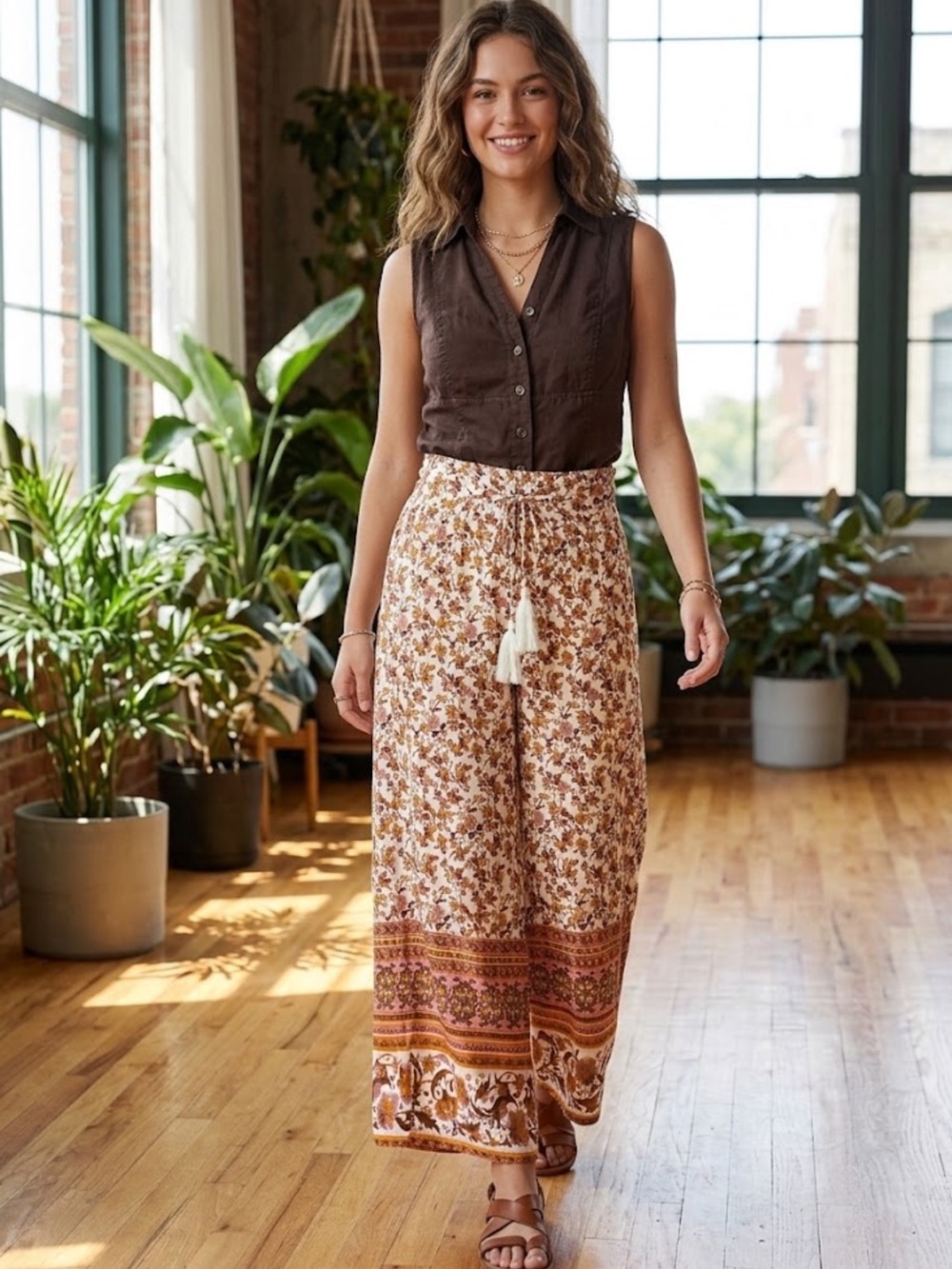 Simplee Boho Floral Wide Leg palazzo Pants Cream Brown small bohemian tassels